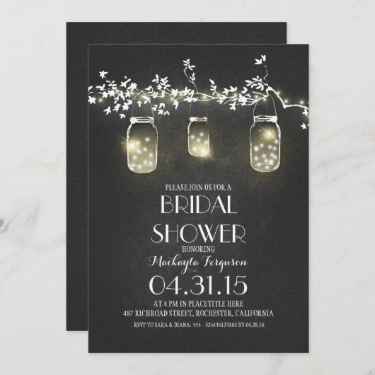 メイスンの瓶とライトの黒板ブライダルシャワー 招待状 (正面/裏面)