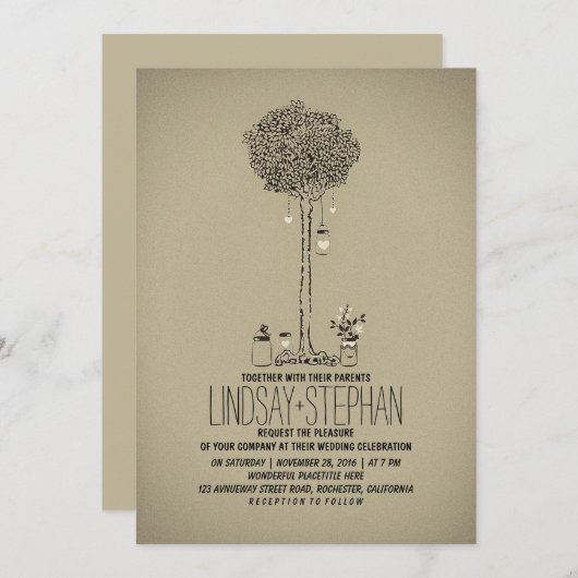 メイスンの瓶と木を招く屋外の結婚式 招待状 (正面/裏面)