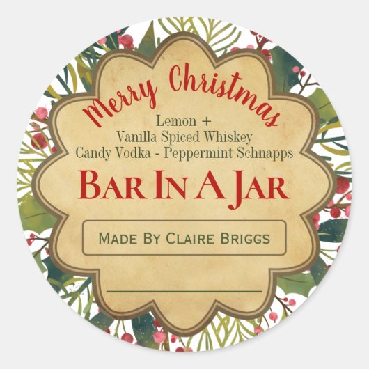 メイスンの瓶のバーラベルのクリスマスホリーアイディア ラウンドシール (正面)