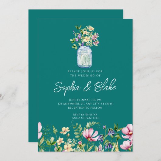 メイスンジャイルフラワーズカントリ素朴ーグリーン結婚ズ 招待状 (正面/裏面)