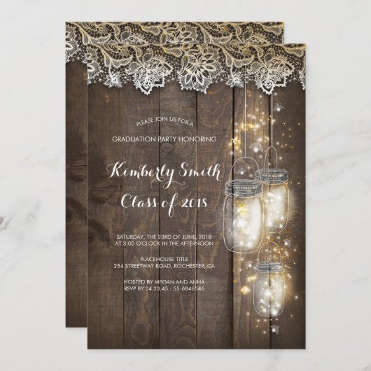 メイスンジャイルライトとレース素朴卒業パーティー 招待状 (正面/裏面)