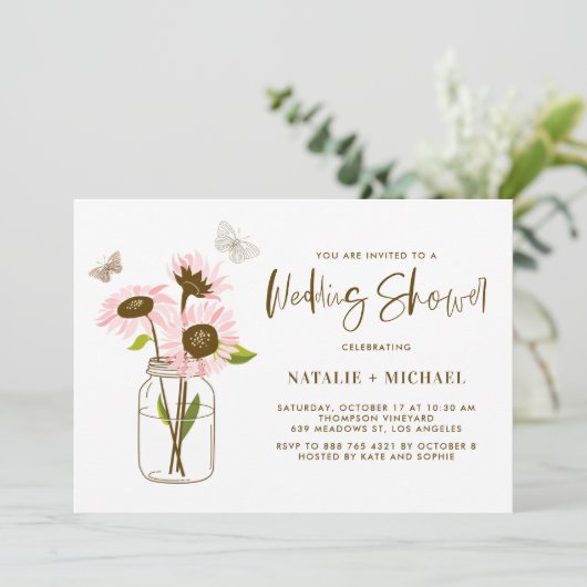 メイスンジャーとピンクサンフラワーズウェディングシャワー 招待状 (スタンド正面)