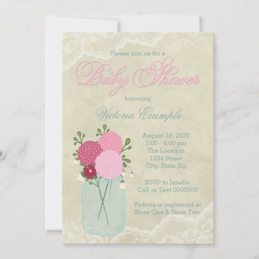 メイスンジャーとレースの赤ちゃんシャワー 招待状 (正面)