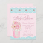 メイスンジャーとレース水彩フローラ赤ちゃんシャワー 招待状 (正面/裏面)