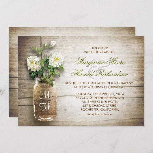 メイスンジャーと白い花の結婚式招待状 招待状 (正面/裏面)