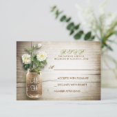 メイスンジャーと白い花の結婚式RSVPカード 出欠カード (スタンド正面)
