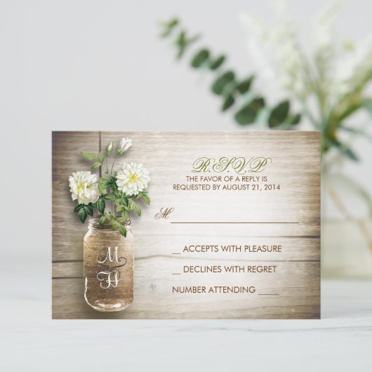 メイスンジャーと白い花の結婚式RSVPカード 出欠カード (スタンド正面)