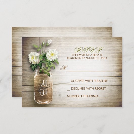 メイスンジャーと白い花の結婚式RSVPカード 出欠カード (正面/裏面)