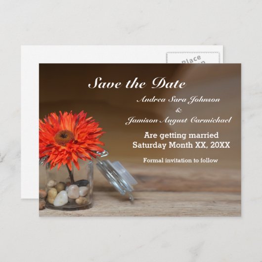 メイスンジャーにオレンジ色の花の日付を保存 案内ポストカード (正面/裏面)