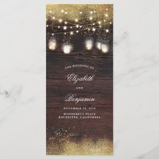 メイスンジャーのストリングライトの素朴結婚式 プログラム (正面)