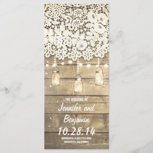 メイスンジャーのストリングライトの素朴結婚式 プログラム (正面)