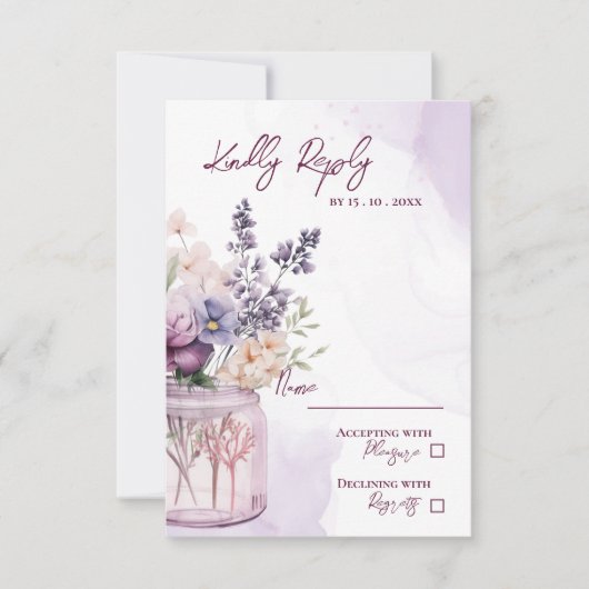 メイスンジャーのフローラに紫エレガントの花結婚 出欠カード (正面)