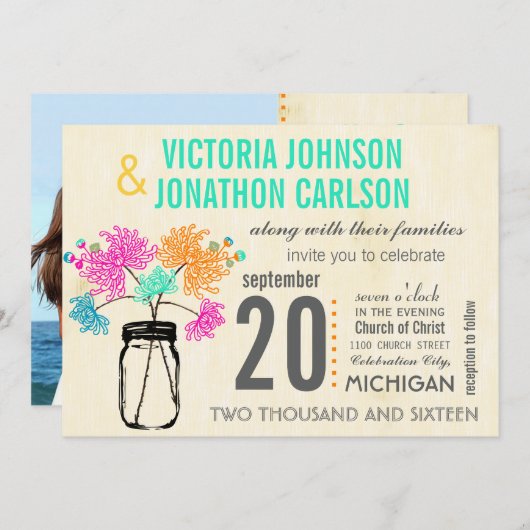 メイスンジャーの中のフォトブーケ結婚式招待状 招待状 (正面/裏面)