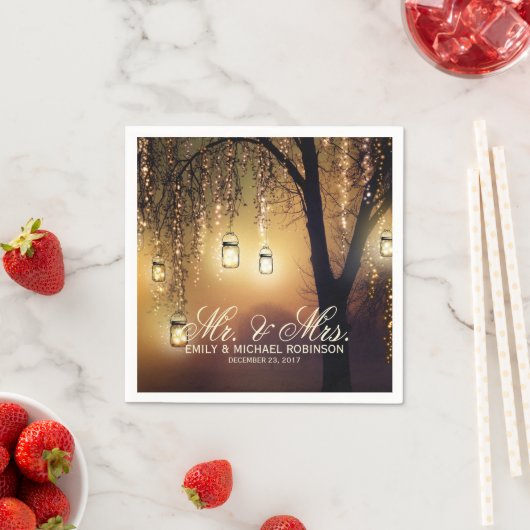 メイスンジャーの弦のライトは木の素朴結婚な スタンダードカクテルナプキン (インサイチュ)