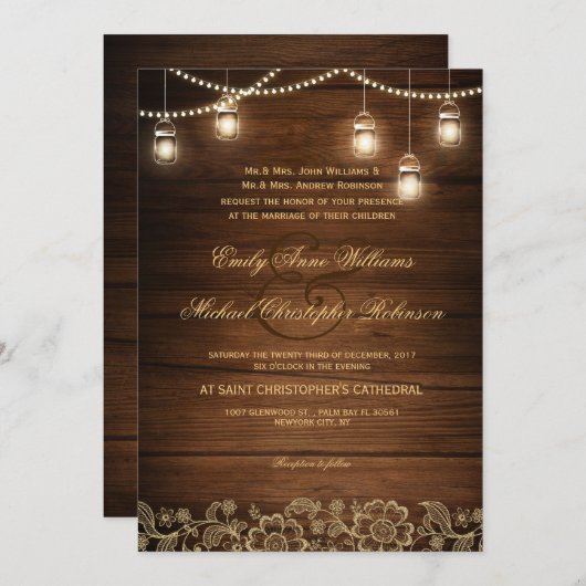 メイスンジャーの弦の軽い金ゴールドレース結婚ラスティック 招待状 (正面/裏面)