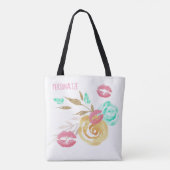 メイスンジャーの花と蝶のキスかわいいティール(緑がかった色)ピンク トートバッグ (裏面)