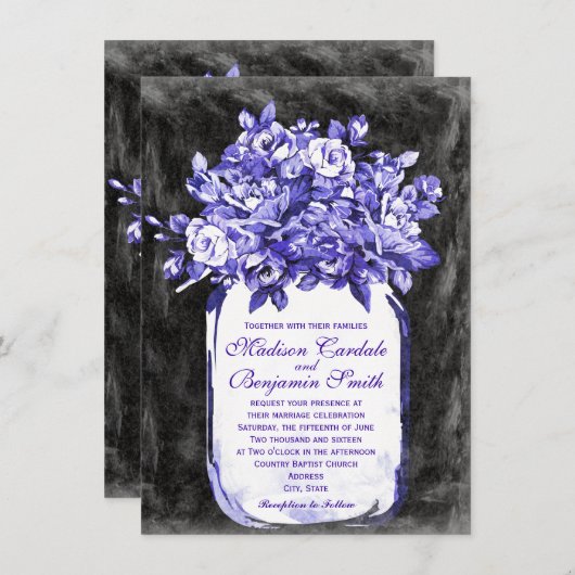 メイスンジャーの花の黒板の結婚式がインジゴを誘う 招待状 (正面/裏面)