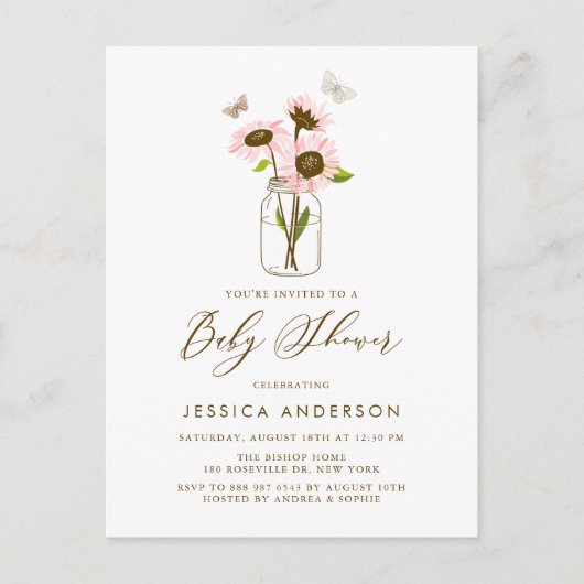 メイスンジャーの赤ちゃんシャワーにピンクのヒマワリ インビテーションポストカード (正面)