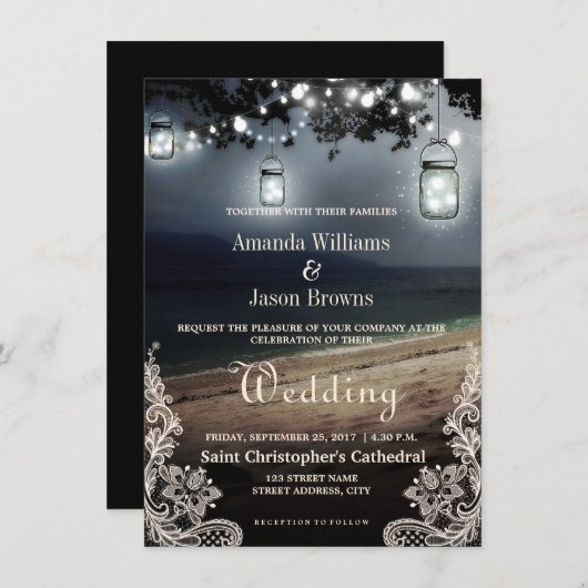 メイスンジャースストリングライトエレガントビーチ結婚式 招待状 (正面/裏面)