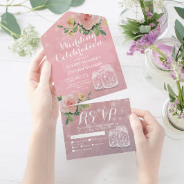 メイスンジャースストリングライトピンク花結婚式RSVP オールインワン招待状