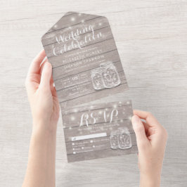 メイスンジャースストリングライト素朴ウッドウェディングRSVP オールインワン招待状