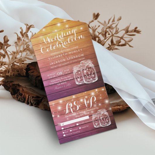 メイスンジャースストリングライト素朴ウッドウェディングRSVP オールインワン招待状
