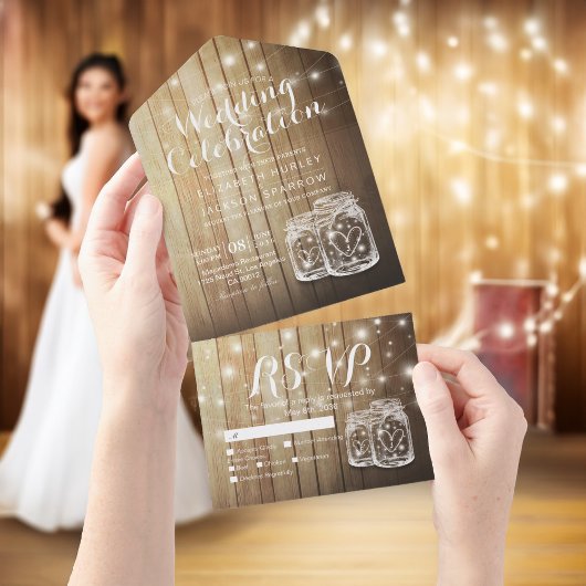 メイスンジャースストリングライト素朴ウッドウェディングRSVP オールインワン招待状