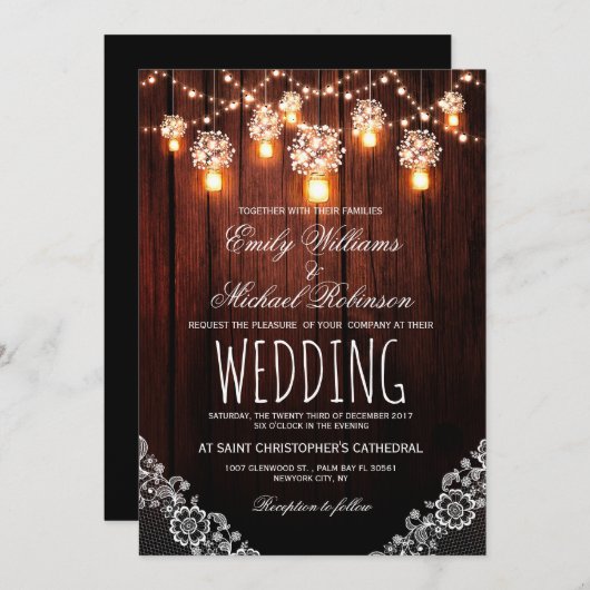 メイスンジャースストリングラエレガントイ素朴結婚トの 招待状 (正面/裏面)