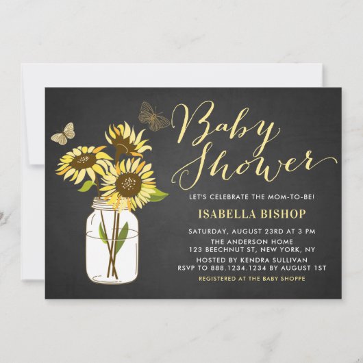 メイスンジャースベイビーシャワーの黒板ひまわり 招待状 (正面)