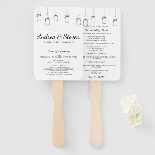 メイスンジャース結婚式 プログラムファン。中断されたJARメニュー ハンドファン (正面&裏面)