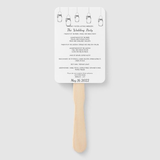 メイスンジャース結婚式 プログラムファン。中断されたJARメニュー ハンドファン (裏面)