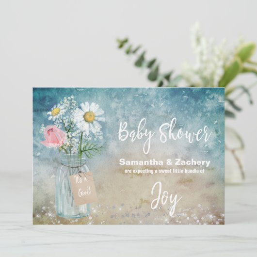 *~*メイスンジャーフローラ赤ちゃん素朴シャワー水色 招待状 (スタンド正面)