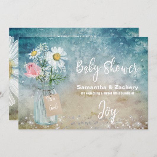 *~*メイスンジャーフローラ赤ちゃん素朴シャワー水色 招待状 (正面/裏面)