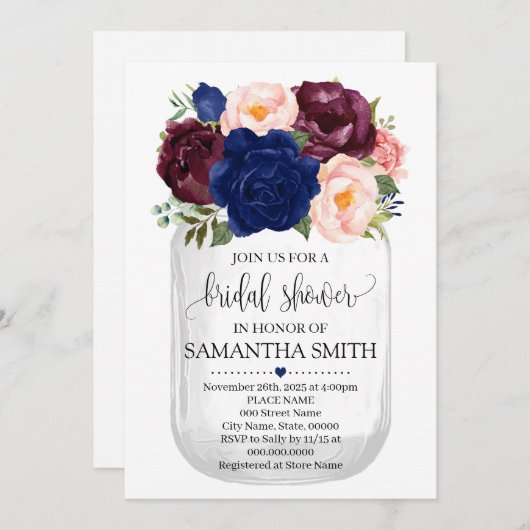 メイスンジャーブライダルシャワーネイビーフローラカントリーシック 招待状 (正面/裏面)