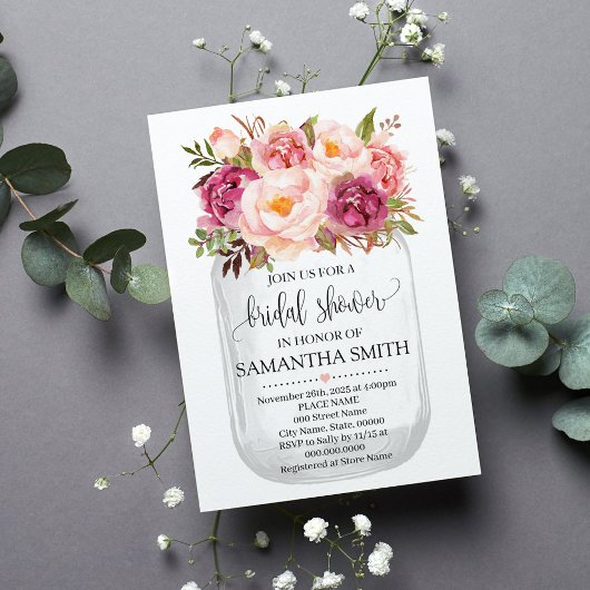 メイスンジャーブライダルシャワーピンクフローラカントリーシック 招待状