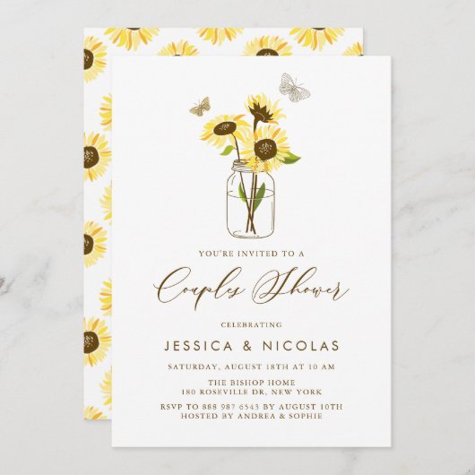メイスンジャールカップルシャワーの黄色のひまわり 招待状 (正面/裏面)