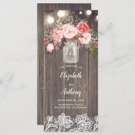 メイスンジャールピンクの花の素朴結婚式 プログラム (正面/裏面)