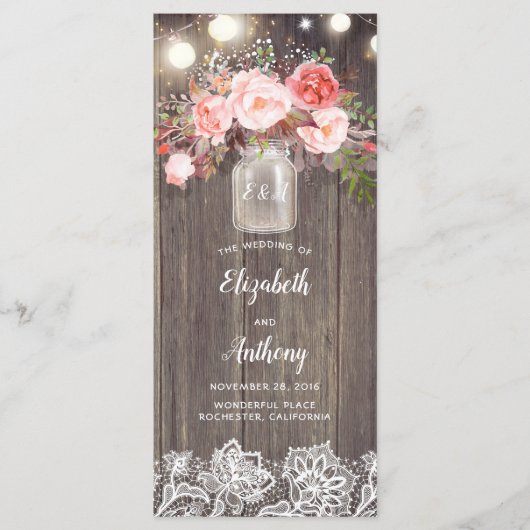 メイスンジャールピンクの花の素朴結婚式 プログラム (正面)