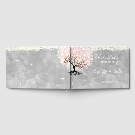 メイスンジャールピンクハートリーフの木の灰色の水色 ゲストブック (全面)