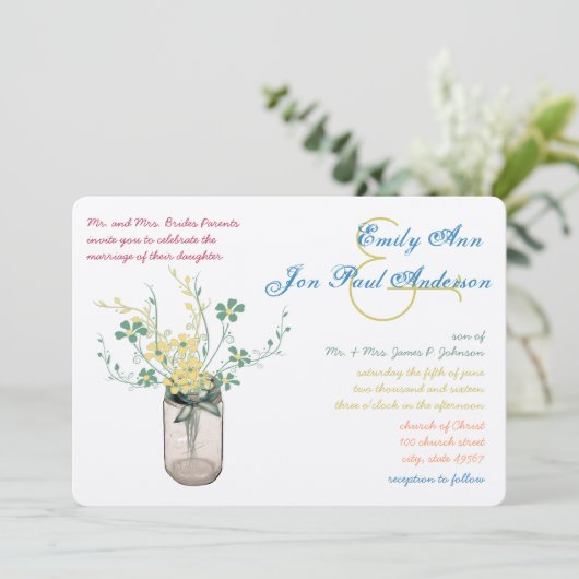 メイスンジャール野生の花のセージとマスタードイエロー 招待状 (スタンド正面)