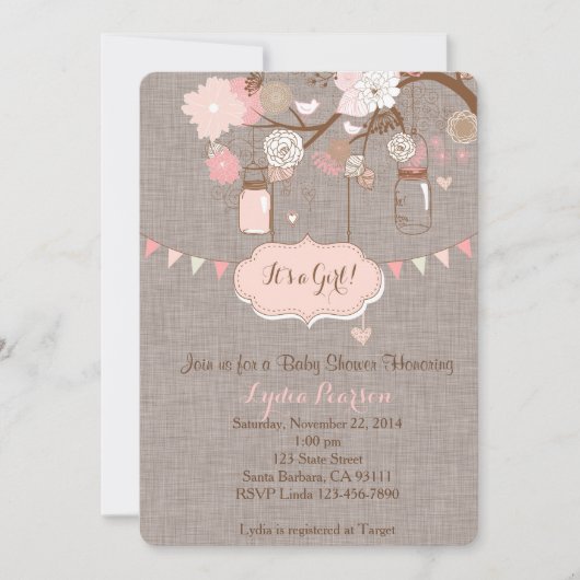 メイスンジャー付き女の子のためのベビーシャワー招待状 招待状 (正面)