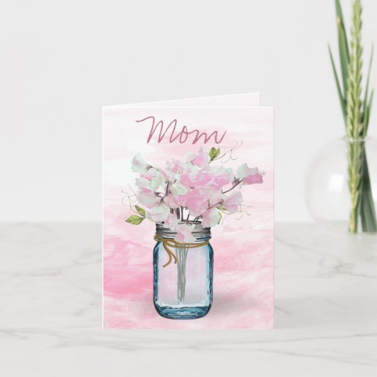 メイスンジャー水色ピンクの甘いエンドウ豆の母の日 カード (正面)
