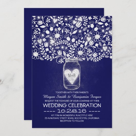 メイスンジャー王室のの花の青い結婚式 招待状 (正面/裏面)