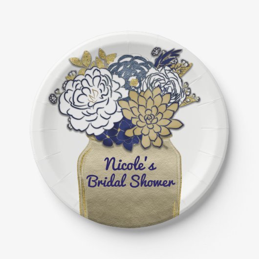 メイスンジャー素朴フラワーズフローラピンク&金ゴールドシック ペーパープレート (正面)