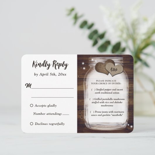 メイスンジャー素朴ルカントリーウェディングミール選択RSVP 出欠カード (スタンド正面)