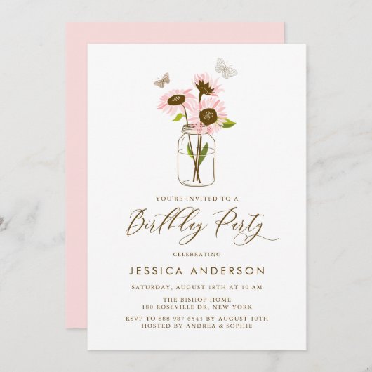 メイスンジャー誕生日パーティーのピンクのヒマワリ 招待状 (正面/裏面)