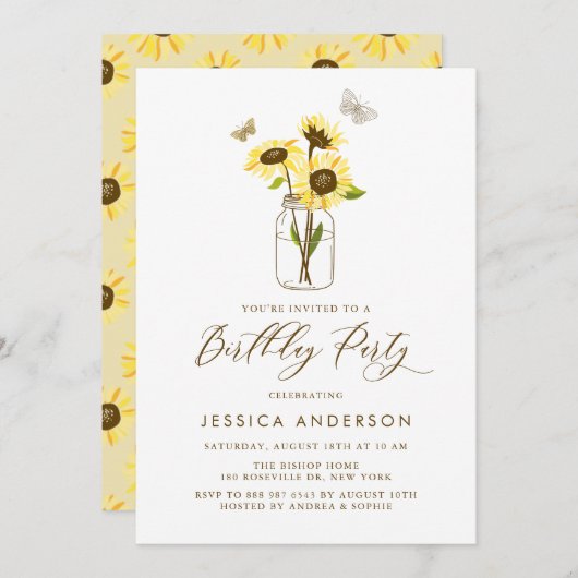 メイスンジャー誕生日パーティーの黄色のひまわり 招待状 (正面/裏面)