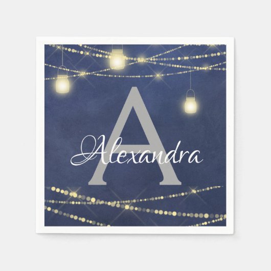 メイスンジャー&ストリングライツモノグラム誕生日 スタンダードカクテルナプキン (正面)