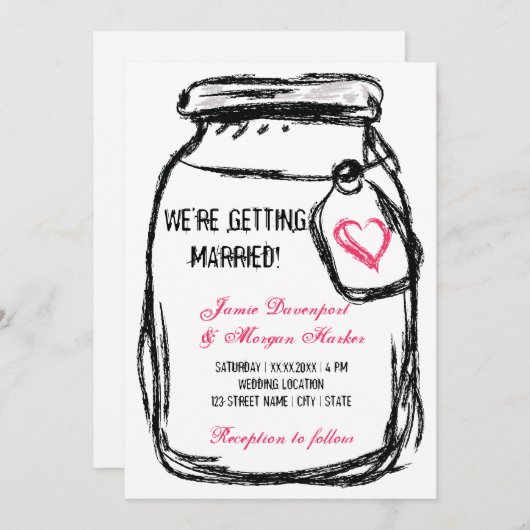メイスンジャー&ピンクハート結婚式の招待 招待状 (正面/裏面)