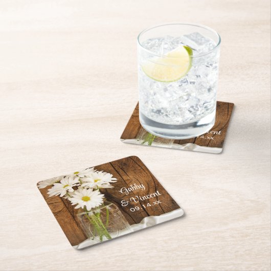 メイスンジャー&ホワイトデイジーカントリーウェディング スクエアペーパーコースター (インサイチュ)
